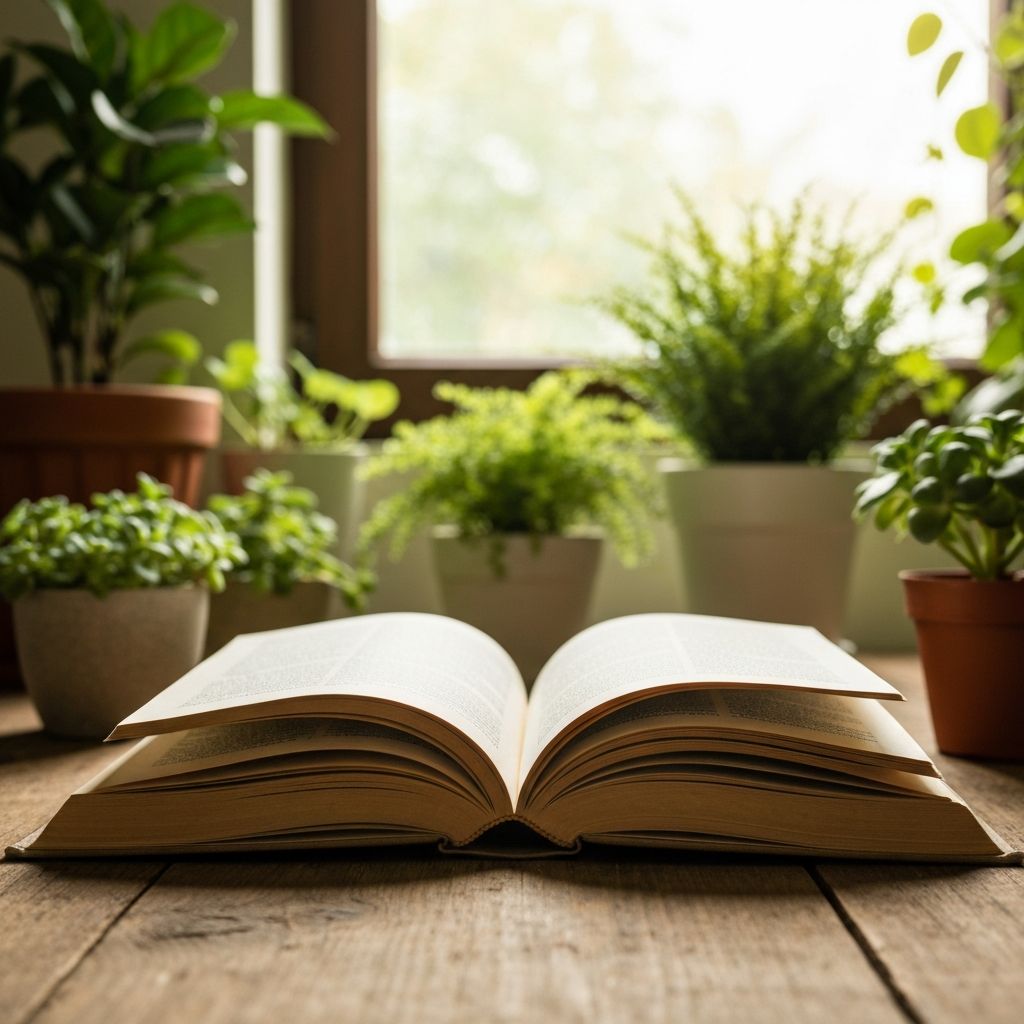 Ανοιχτό βιβλίο σε ξύλινο τραπέζι με φυσικό φως, περιτριγυρισμένο από φυτά, συμβολίζοντας τη γνώση και τη φύση.