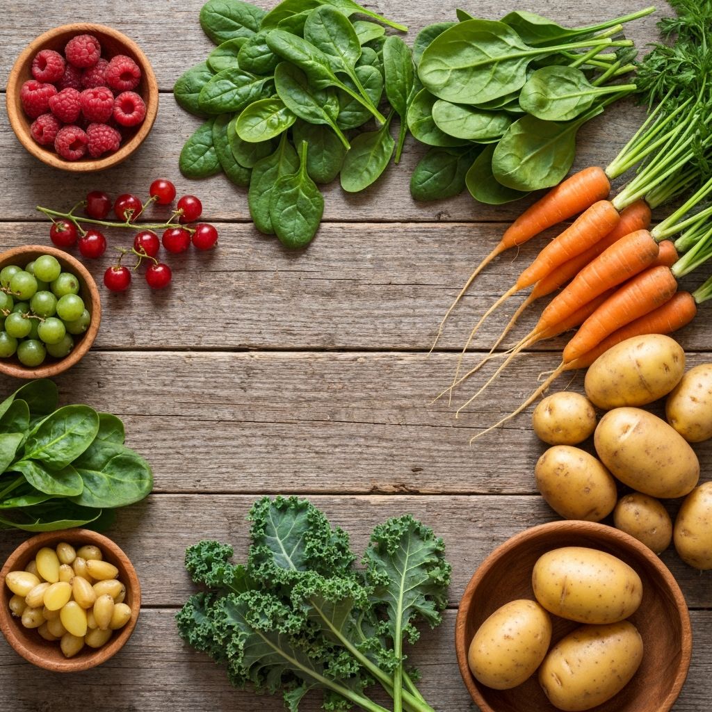 Σύνθεση με φρέσκα φρούτα και λαχανικά σε ρουστίκ επιφάνεια, τονίζοντας την υγιεινή διατροφή.