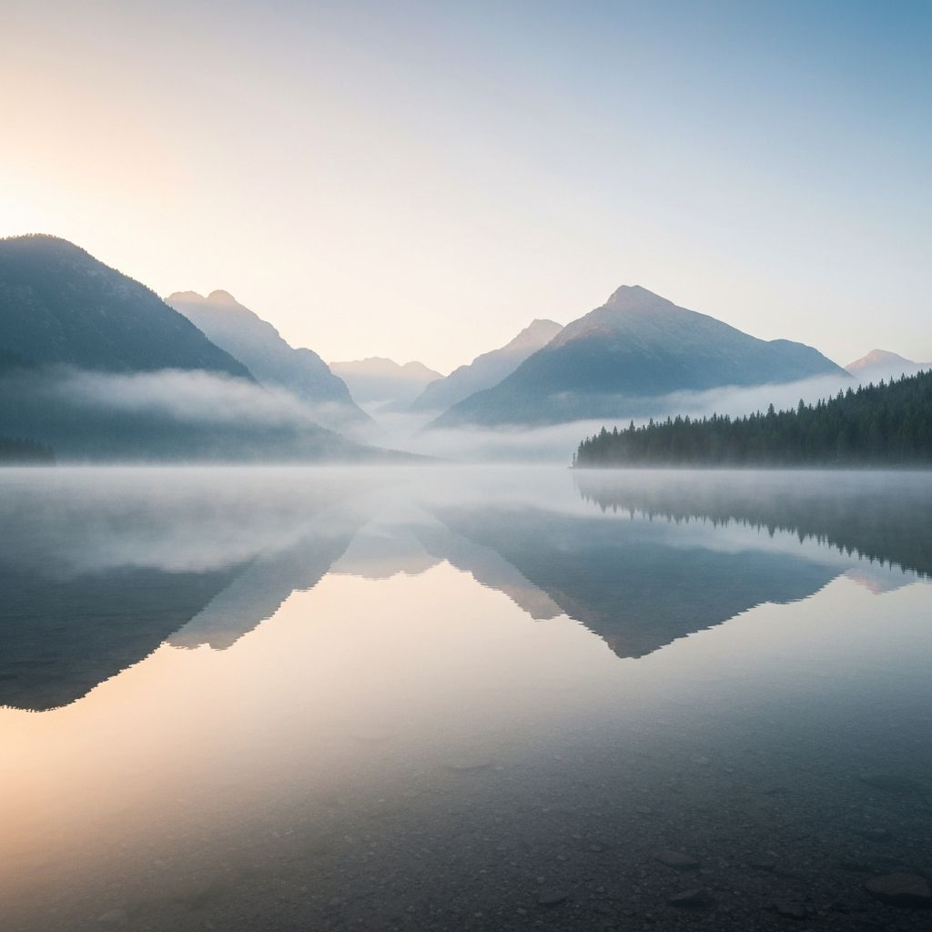Ήσυχο τοπίο με ήρεμα νερά και βουνά στη δυσμενή φωτογραφία, αναπαριστώντας ειρήνη και ταλαντευση.