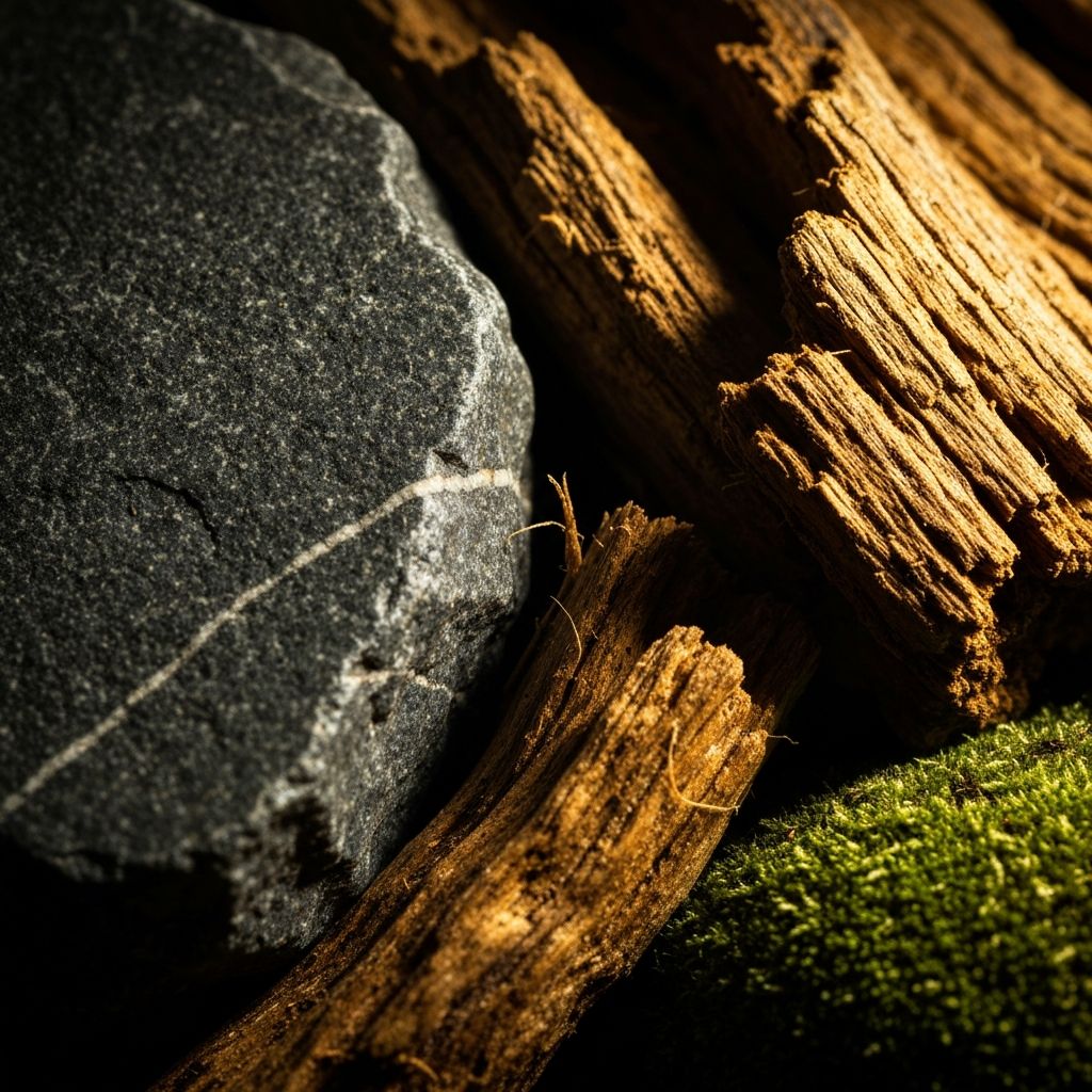 Κοντινή λήψη δύσκολης σύστασης φυσικών υλικών με θερμό φως που τονίζει την υφή και τη λεπτομέρεια.